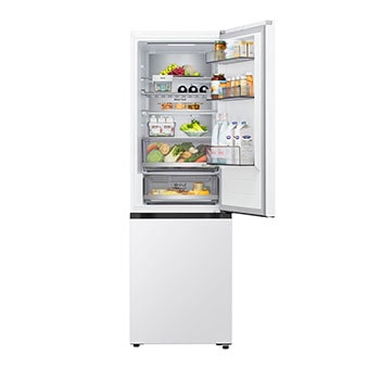 LG Unterer Gefrierschrank (GBBS726CPY) im Wohnbereich mit Blick auf die nächtliche Stadt, KI-Sparmodus-Grafik und schwankender Energietabelle