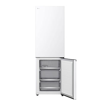 LG Unterer Gefrierschrank (GBBS726CPY) bündig installiert in hoher warmer beigefarbener Wand mit weißen Pfeilen, welche auf die Oberseite und die vorderen Oberflächen zeigen