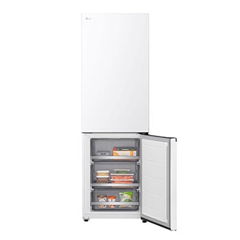 Nahaufnahme des LG Kühl-/Gefrierschrank (GBBS726CPY) Weinregals mit vier Flaschen und einer Schachtel Macarons mit im kreisförmigen Bild vergrößertem Gestelldesign