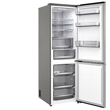 Das Regal des LG Kühl-/Gefrierschranks (GBBS726CPY) ist blau hervorgehoben und zeigt die Pfeile nach oben und unten. Abbildung rechts zeigt das gefaltete Regal mit zwei Wasserflaschen