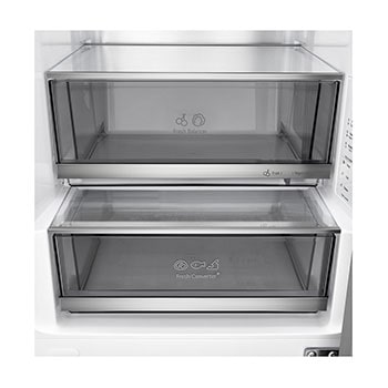 Nahaufnahme des LG Kühl-/Gefrierschrank (GBBS726CPY) Weinregals mit vier Flaschen und einer Schachtel Macarons mit im kreisförmigen Bild vergrößertem Gestelldesign