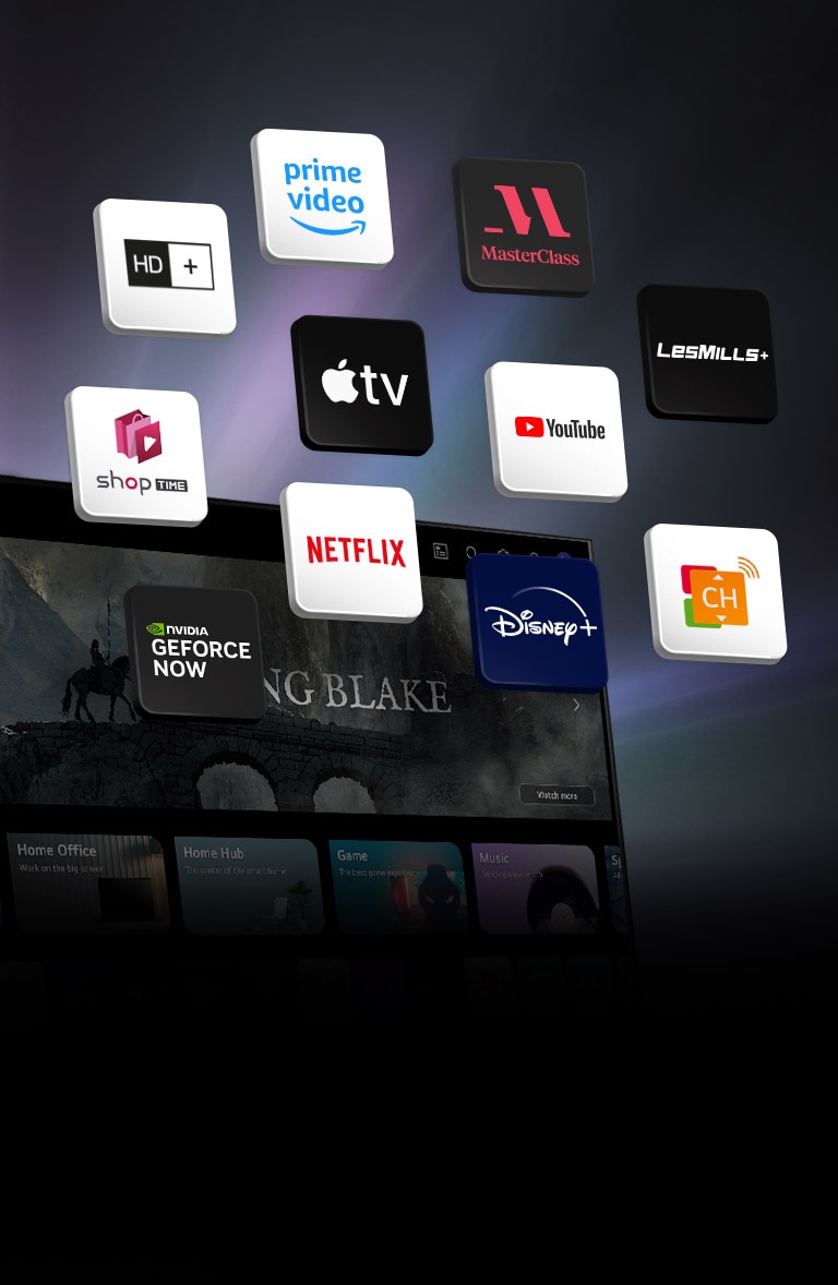 Auf einem LG TV mit webOS-Ansicht im Hintergrund sind 11 Blöcke abgebildet. Jeder Block ist mit einem Logo versehen, und zwar von Luna, Prime Video, Master Class, Les Mills, YouTube, Apple TV+, Shoptime, Netflix, Disney+, GeForce NOW und LG Channels.