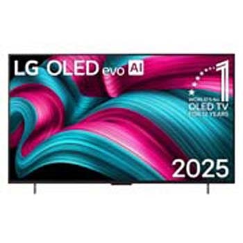 Frontansicht des LG OLED evo AI C5 4K Smart TV. Ein "12 Years of world number 1 OLED"-Emblem und das "LG OLED AI 2025"-Logo sind auf dem Bildschirm zu sehen.