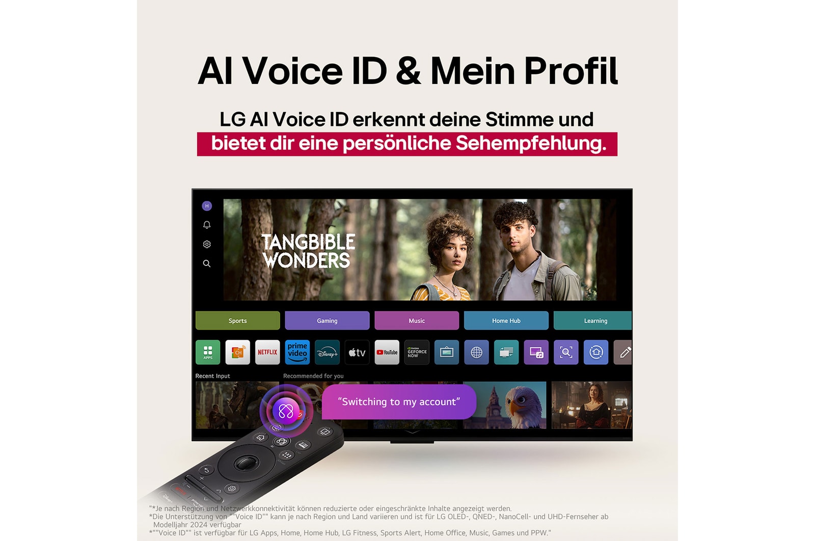 Auf dem Bildschirm eines LG OLED-Fernsehers befindet sich die webOS 25-Startseite, die mit Apps und Unterhaltungsinhalten gefüllt ist. Neben dem Fernseher befindet sich die LG AI Magic Remote-Fernbedienung. Der AI Button ist hervorgehoben, als ob sie durch die Stimme des Benutzers aktiviert wurde. Daneben befindet sich eine Sprechblase, die auf "Mein Profil" umschaltet. Der kurze Text erklärt, wie Nutzer nun ihre Stimme mit ihrem persönlichen Profil synchronisieren können, um eine einfachere Navigation und personalisierte Empfehlungen zu erhalten.