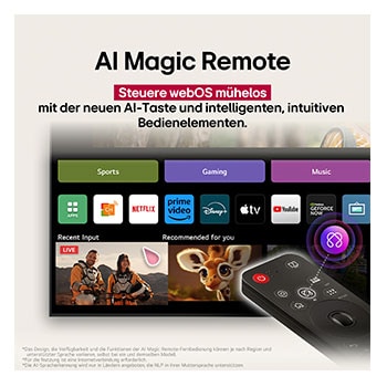 LG AI Magic Remote-Fernbedienung im Vordergrund. Der AI Button ist hervorgehoben. Im Hintergrund ist die LG webOS-Oberfläche zu sehen. Der Mauszeiger zeigt an, dass die Fernbedienung in Gebrauch ist. Der Text erklärt, wie die Funktionen und Bedienelemente der Fernbedienung das Navigieren in webOS erleichtern. 