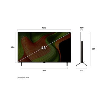 Frontansicht und Seitenansicht des LG OLED AI B5 4K Smart TV mit den Abmessungen der Länge, Breite, Höhe und Tiefe.