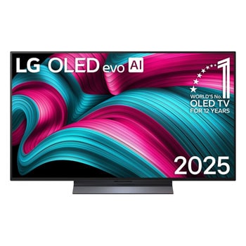 Frontansicht des LG OLED evo AI C5 4K Smart TV. Ein "12 Years of world number 1 OLED"-Emblem und das "LG OLED AI 2025"-Logo sind auf dem Bildschirm zu sehen.