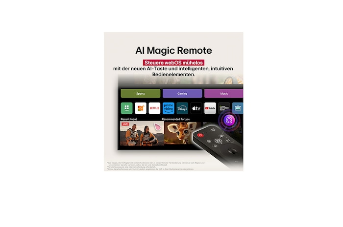LG AI Magic Remote in the foreground. The AI button icon is highlighted. In the background is the LG webOS UI. The mouse cursor implies that the remote is in use. Text explains how the remote's functions and controls make navigating webOS easy.