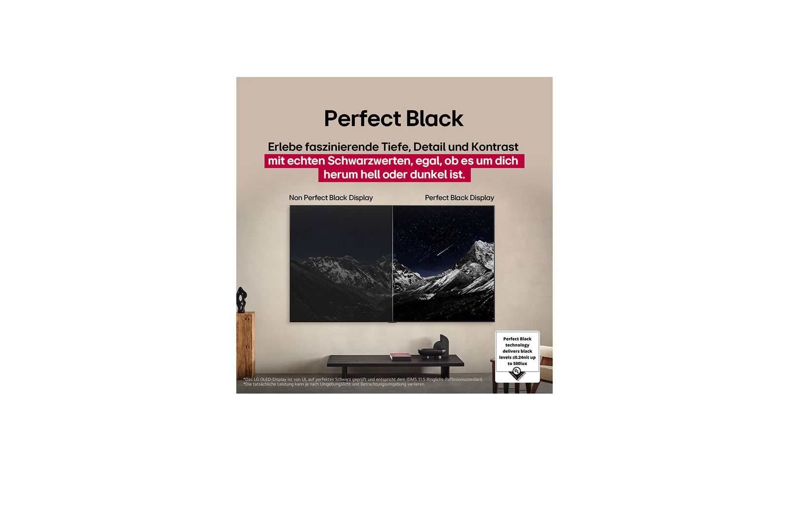 Living room space with a wall-mounted LG OLED TV. On the TV is a mountain range against a dark evening sky filled with stars. This scene is split in half. One side shows a duller, grayer version of the landscape labeled, Non Perfect Black display. On the other side is a more pleasing picture with a larger dynamic range of blacks and whites. This is labeled, Perfect Black display. Logo certification is also visible, Perfect Black Technology delivers black levels less than or equal to 0.24 nit up to 500 lux.