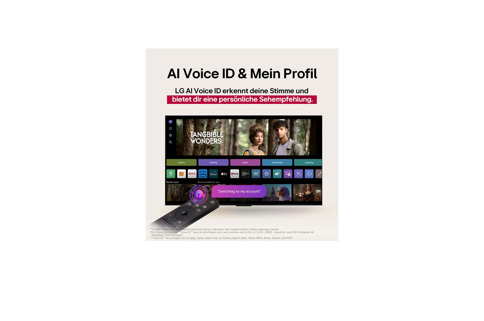 On an LG OLED TV screen is the webOS 25 home page filled with apps and entertainment content. By the TV is the LG AI Magic Remote, the AI button is highlighted as if activated by the user's voice. A speech bubble is beside it, switching to my account. The short text explains how users can now synchronize their voice to their personal profile for easier navigation and personalized recommendations.