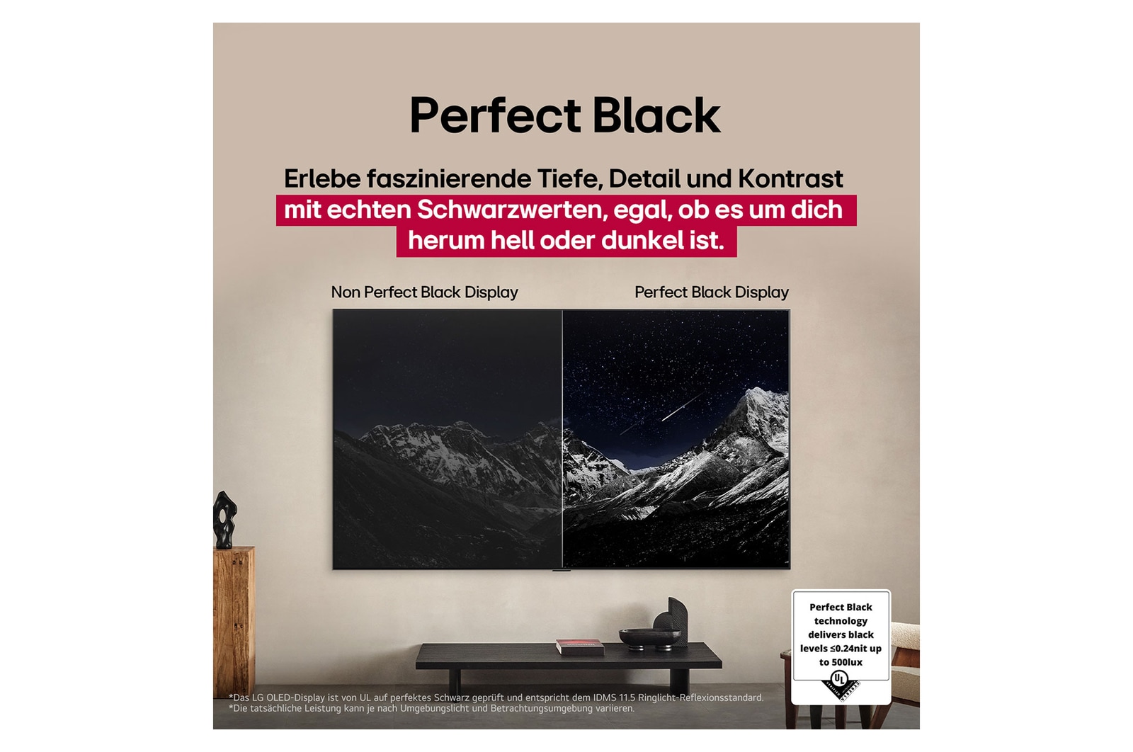 Nächtliches Lagerfeuer inmitten der Natur. In der Ferne sind ein Wald und ein See zu sehen. Der Abendhimmel ist mit Sternen übersät. Die Szene ist in zwei Hälften geteilt. Auf der einen Seite zeigt sie die beeindruckende Brillanz vom Brightness Booster. Auf der anderen Seite ist es dunkler und grauer.