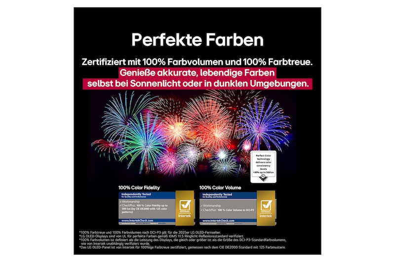 LG AI Magic Remote mit hervorgehobener AI-Taste. Um die Taste herum sind die verschiedenen Funktionen angeordnet, auf die der Benutzer über die Taste zugreifen kann. AI Voice ID, AI Search, AI Chatbot, AI Concierge, AI Picture Wizard, AI Sound Wizard. Der Text erklärt, dass die LG AI Magic Remote dein KI-Erlebnis mit einer speziellen KI-Schaltfläche vervollständigt und wie eine Maus in der Luft verwendet werden kann. Einfach zeigen und klicken.