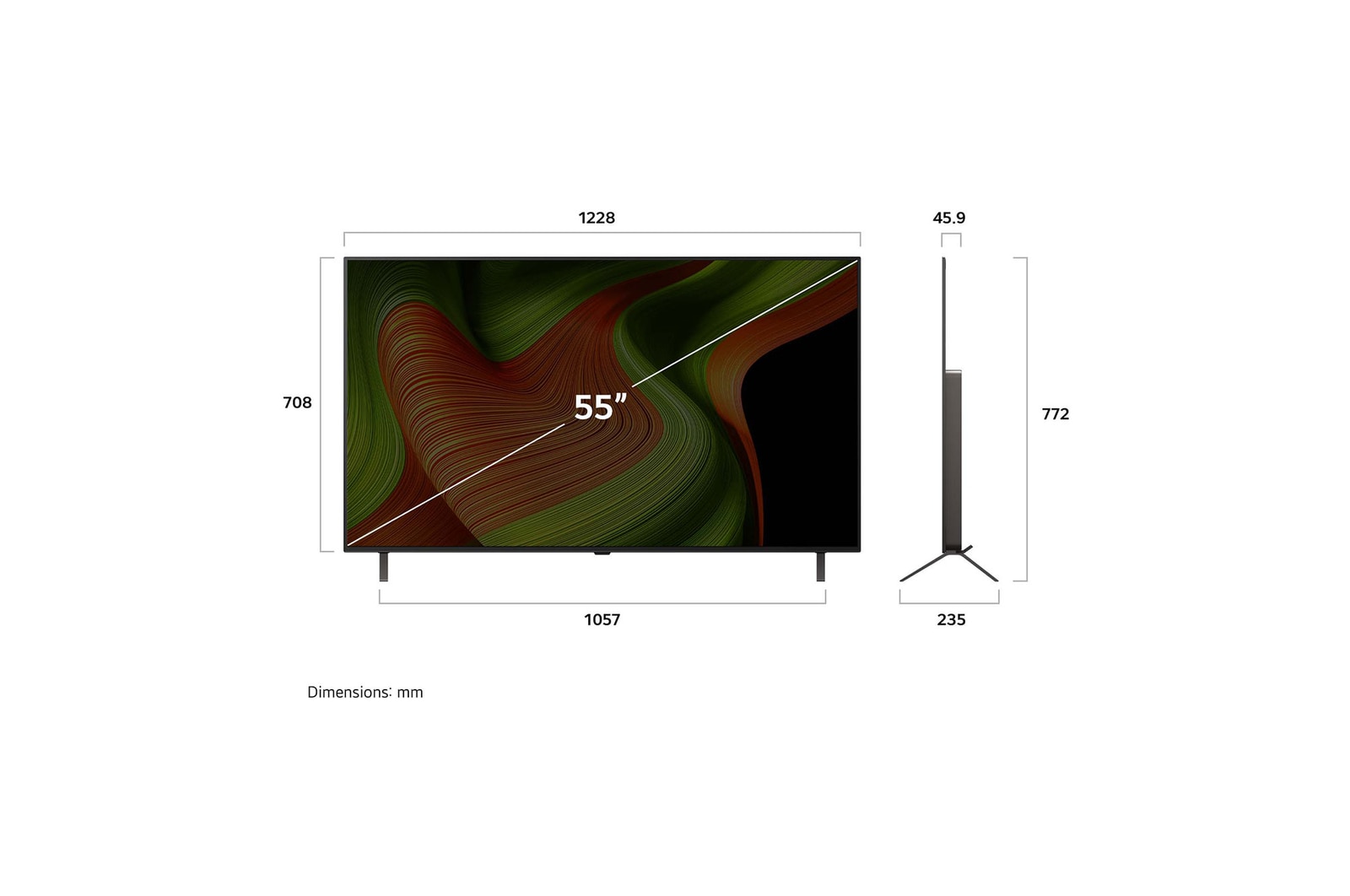 Frontansicht und Seitenansicht des LG OLED AI B5 4K Smart TV mit den Abmessungen der Länge, Breite, Höhe und Tiefe.