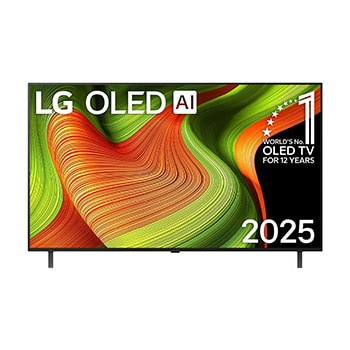 Frontansicht des LG OLED AI B5 4K Smart TV. "12 Years of world number 1 OLED"-Emblem und das "LG OLED AI 2025"-Logo sind auf dem Bildschirm zu sehen.