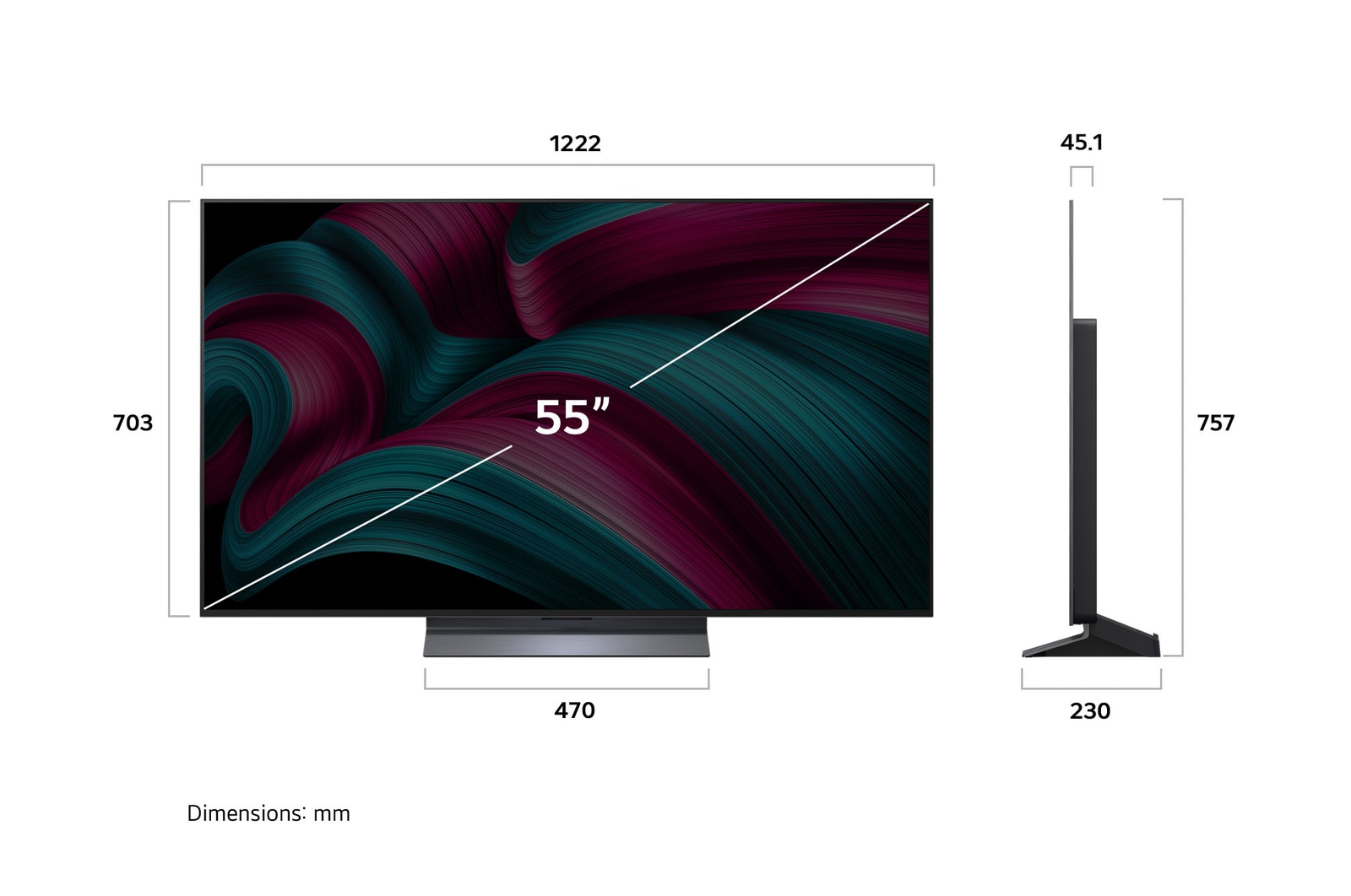 Frontansicht und Seitenansicht des LG OLED evo AI C5 4K Smart TV mit den Abmessungen der Länge, Breite, Höhe und Tiefe.