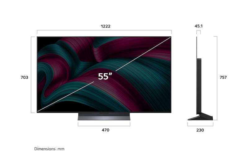 Frontansicht und Seitenansicht des LG OLED evo AI C5 4K Smart TV mit den Abmessungen der Länge, Breite, Höhe und Tiefe.