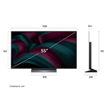 Frontansicht und Seitenansicht des LG OLED evo AI C5 4K Smart TV mit den Abmessungen der Länge, Breite, Höhe und Tiefe.