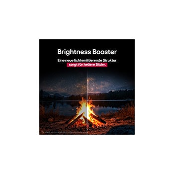 Campfire at night in the middle of nature. In the distance is a forest and lake. The evening sky is filled with stars. The whole scene is split in half. One side is darker and duller. The other half is remarkably brighter, showcasing the impressive brilliance from Brightness Booster. 