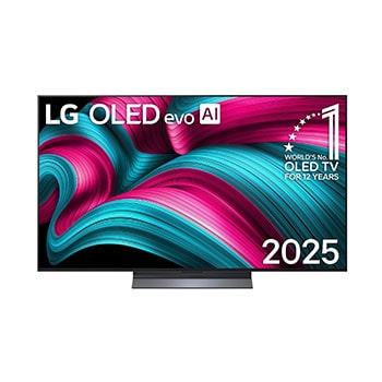 Front view of LG OLED evo AI C5 4K Smart TV. 12 Years of world number 1 OLED emblem and LG OLED evo AI 2025 logo are on the screen.