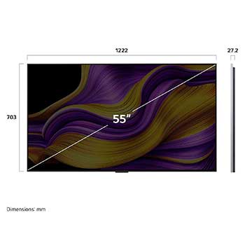 Front view and side view of LG OLED evo AI G5 4K Smart TV showing its length, width, height, and depth dimensions.