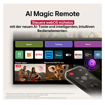 Auf dem Bildschirm eines LG OLED-Fernsehers befindet sich die webOS 25-Startseite, die mit Apps und Unterhaltungsinhalten gefüllt ist. Neben dem Fernseher befindet sich die LG AI Magic Remote-Fernbedienung. Der AI Button ist hervorgehoben, als ob sie durch die Stimme des Benutzers aktiviert wurde. Daneben befindet sich eine Sprechblase, die auf "Mein Profil" umschaltet. Der kurze Text erklärt, wie Nutzer nun ihre Stimme mit ihrem persönlichen Profil synchronisieren können, um eine einfachere Navigation und personalisierte Empfehlungen zu erhalten.