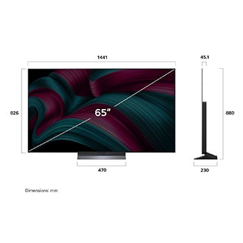 Frontansicht und Seitenansicht des LG OLED evo AI C5 4K Smart TV mit den Abmessungen der Länge, Breite, Höhe und Tiefe.