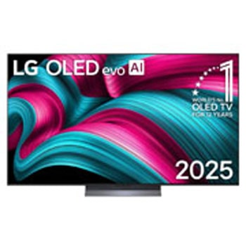 Frontansicht des LG OLED evo AI C5 4K Smart TV. Ein "12 Years of world number 1 OLED"-Emblem und das "LG OLED AI 2025"-Logo sind auf dem Bildschirm zu sehen.