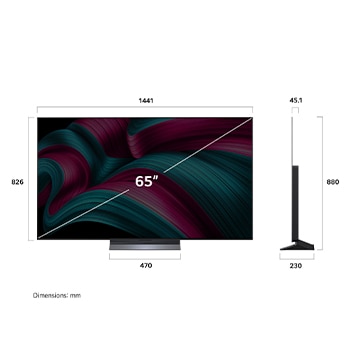 Frontansicht und Seitenansicht des LG OLED evo AI C5 4K Smart TV mit den Abmessungen der Länge, Breite, Höhe und Tiefe.