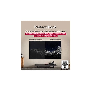 Living room space with a wall-mounted LG OLED TV. On the TV is a mountain range against a dark evening sky filled with stars. This scene is split in half. One side shows a duller, grayer version of the landscape labeled, Non Perfect Black display. On the other side is a more pleasing picture with a larger dynamic range of blacks and whites. This is labeled, Perfect Black display. Logo certification is also visible, Perfect Black Technology delivers black levels less than or equal to 0.24 nit up to 500 lux. 