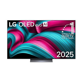 Front view of LG OLED evo AI C5 4K Smart TV. 12 Years of world number 1 OLED emblem and LG OLED evo AI 2025 logo are on the screen.