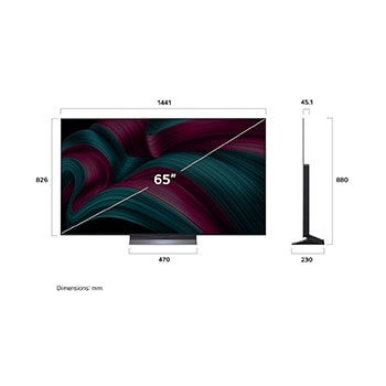 Front view and side view of LG OLED evo AI C5 4K Smart TV showing its length, width, height, and depth dimensions.