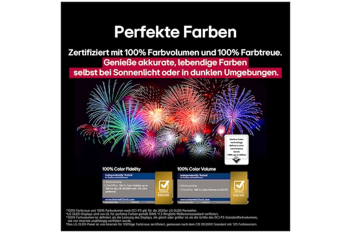 Ein Wohnzimmer mit einem an der Wand montierten LG OLED-Fernseher. Auf dem Fernseher ist eine Bergkette vor einem dunklen Abendhimmel voller Sterne zu sehen. Diese Szene ist in zwei Hälften geteilt. Die eine Seite zeigt eine trübe, graue Version der Landschaft mit der Bezeichnung Non Perfect Black Display. Auf der anderen Seite ist ein angenehmeres Bild mit einem größeren Dynamikbereich von Schwarz und Weiß zu sehen. Dies ist mit Perfect Black Display gekennzeichnet. Auch die Logo-Zertifizierung ist sichtbar: Perfect Black Technology liefert Schwarzwerte von 0,24 nit oder weniger bis zu 500 Lux.