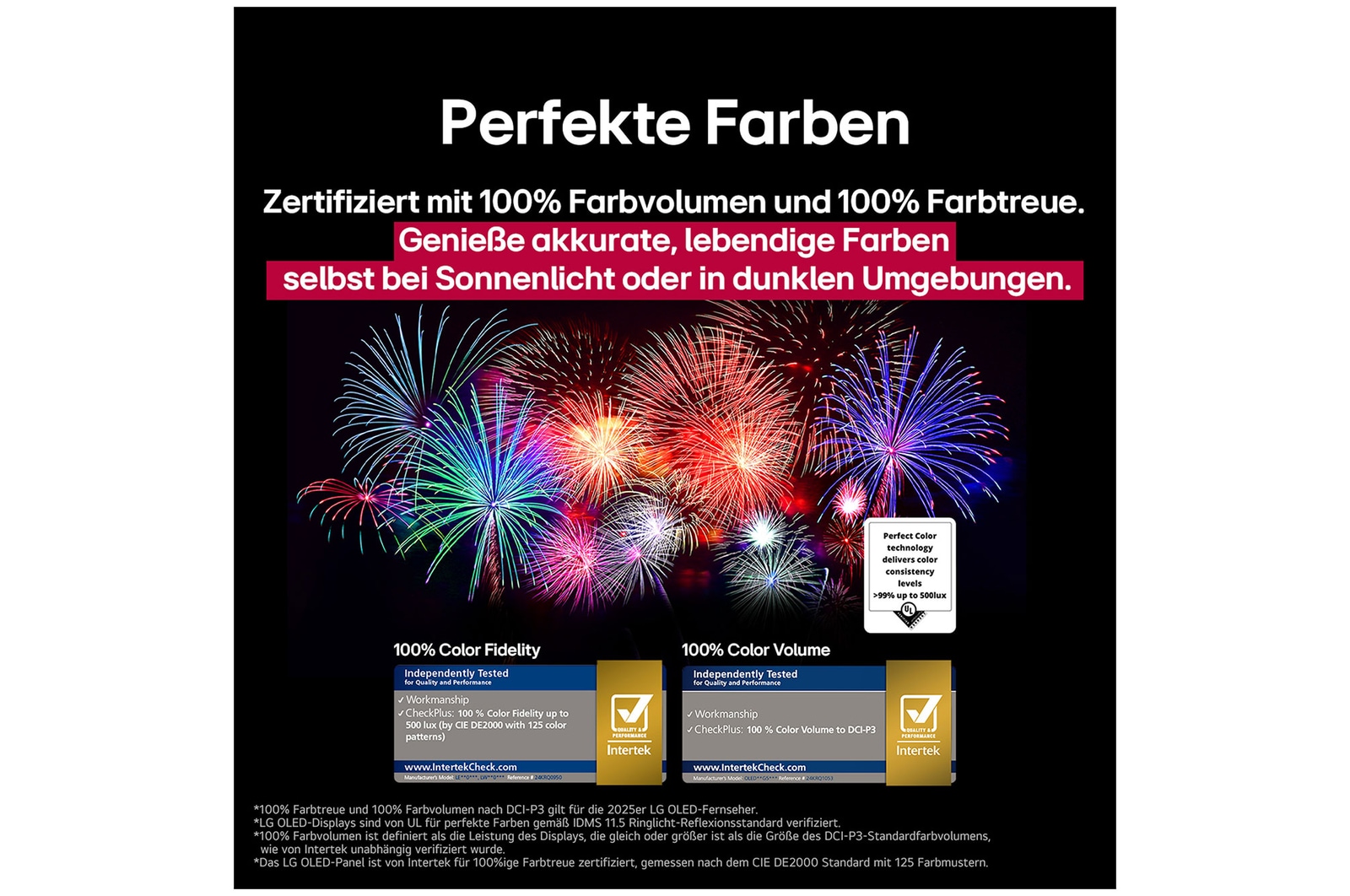 Ein Wohnzimmer mit einem an der Wand montierten LG OLED-Fernseher. Auf dem Fernseher ist eine Bergkette vor einem dunklen Abendhimmel voller Sterne zu sehen. Diese Szene ist in zwei Hälften geteilt. Die eine Seite zeigt eine trübe, graue Version der Landschaft mit der Bezeichnung Non Perfect Black Display. Auf der anderen Seite ist ein angenehmeres Bild mit einem größeren Dynamikbereich von Schwarz und Weiß zu sehen. Dies ist mit Perfect Black Display gekennzeichnet. Auch die Logo-Zertifizierung ist sichtbar: Perfect Black Technology liefert Schwarzwerte von 0,24 nit oder weniger bis zu 500 Lux.