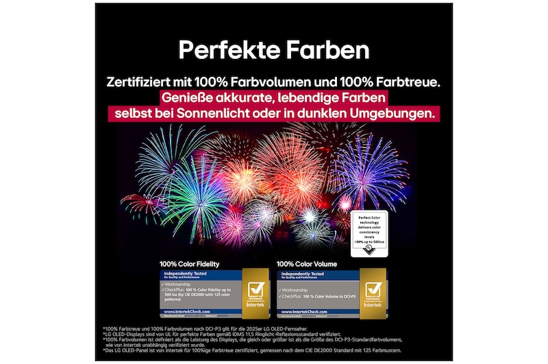 Ein Wohnzimmer mit einem an der Wand montierten LG OLED-Fernseher. Auf dem Fernseher ist eine Bergkette vor einem dunklen Abendhimmel voller Sterne zu sehen. Diese Szene ist in zwei Hälften geteilt. Die eine Seite zeigt eine trübe, graue Version der Landschaft mit der Bezeichnung Non Perfect Black Display. Auf der anderen Seite ist ein angenehmeres Bild mit einem größeren Dynamikbereich von Schwarz und Weiß zu sehen. Dies ist mit Perfect Black Display gekennzeichnet. Auch die Logo-Zertifizierung ist sichtbar: Perfect Black Technology liefert Schwarzwerte von 0,24 nit oder weniger bis zu 500 Lux.