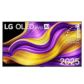 Frontansicht des LG OLED evo AI G5 4K Smart TV. Ein "12 Years of world number 1 OLED"-Emblem und das "LG OLED AI 2025"-Logo sind auf dem Bildschirm zu sehen.