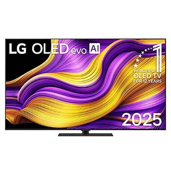 Frontansicht des LG OLED evo AI G5 4K Smart TV. Ein "12 Years of world number 1 OLED"-Emblem und das "LG OLED AI 2025"-Logo sind auf dem Bildschirm zu sehen.