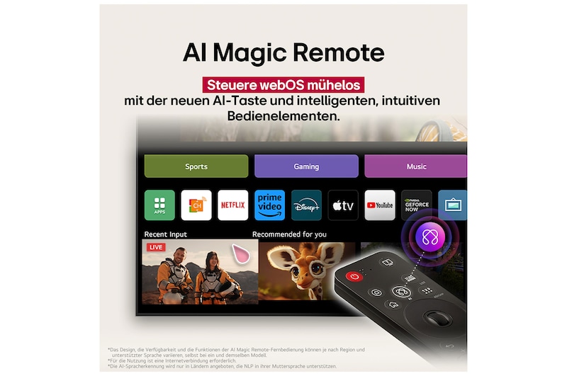 LG AI Magic Remote mit hervorgehobener KI-Schaltfläche. Rundherum befinden sich die verschiedenen Funktionen, auf die ein Benutzer über die Schaltfläche zugreifen kann. AI Voice ID, AI Search, AI Chatbot, AI Concierge, AI Picture Wizard, AI Sound Wizard. Der Text erklärt, dass die LG AI Magic Remote dein KI-Erlebnis mit einer speziellen KI-Schaltfläche vervollständigt und wie eine Maus in der Luft verwendet werden kann. Einfach zeigen und klicken.