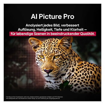 Leopard im Wald in leuchtenden Farben und Details. Neben dem Leopard ist ein Gitternetz zu sehen. Hinter ihm leuchtet ein Licht. Das Bild zeigt, wie LG AI Picture Pro die Auflösung, Helligkeit, Tiefe und Klarheit der Szene eindrucksvoll verbessert hat.