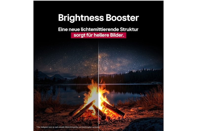 Ein schillerndes und farbenfrohes Feuerwerk ist auf einem Fernsehbildschirm zu sehen. Das Logo einer Zertifizierung ist sichtbar, die Perfect Color Technology liefert Farbkonsistenzwerte von mehr als 99 % bei bis zu 500 Lux. Intertek-Zertifizierungen, die unabhängige Tests belegen, sind ebenfalls sichtbar.