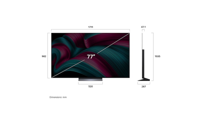 Front view and side view of LG OLED evo AI C5 4K Smart TV showing its length, width, height, and depth dimensions.