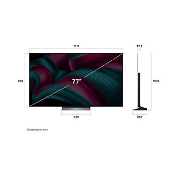 Front view and side view of LG OLED evo AI C5 4K Smart TV showing its length, width, height, and depth dimensions.