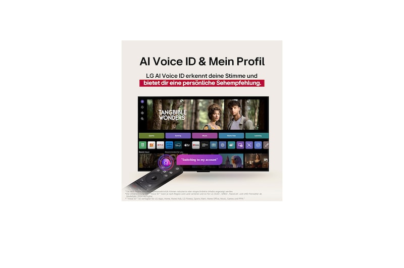 On an LG OLED TV screen is the webOS 25 home page filled with apps and entertainment content. By the TV is the LG AI Magic Remote, the AI button is highlighted as if activated by the user's voice. A speech bubble is beside it, switching to my account. The short text explains how users can now synchronize their voice to their personal profile for easier navigation and personalized recommendations.