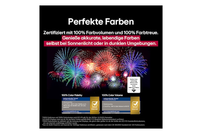 Ein Wohnzimmer mit einem an der Wand montierten LG OLED-Fernseher. Auf dem Fernseher ist eine Bergkette vor einem dunklen Abendhimmel voller Sterne zu sehen. Diese Szene ist in zwei Hälften geteilt. Die eine Seite zeigt eine trübe, graue Version der Landschaft mit der Bezeichnung Non Perfect Black Display. Auf der anderen Seite ist ein angenehmeres Bild mit einem größeren Dynamikbereich von Schwarz und Weiß zu sehen. Dies ist mit Perfect Black Display gekennzeichnet. Auch die Logo-Zertifizierung ist sichtbar: Perfect Black Technology liefert Schwarzwerte von 0,24 nit oder weniger bis zu 500 Lux.