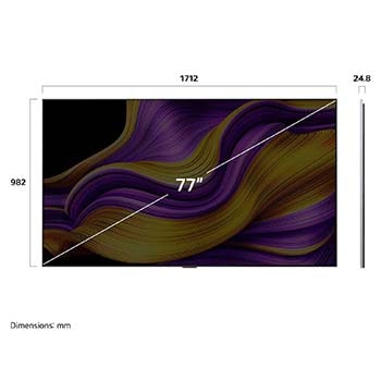 Frontansicht und Seitenansicht des LG OLED evo AI G5 4K Smart TV mit den Abmessungen der Länge, Breite, Höhe und Tiefe.