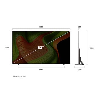 Frontansicht und Seitenansicht des LG OLED AI B5 4K Smart TV mit den Abmessungen der Länge, Breite, Höhe und Tiefe.