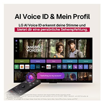 Auf dem Bildschirm eines LG OLED-Fernsehers befindet sich die webOS 25-Startseite, die mit Apps und Unterhaltungsinhalten gefüllt ist. Neben dem Fernseher befindet sich die LG AI Magic Remote-Fernbedienung. Der AI Button ist hervorgehoben, als ob sie durch die Stimme des Benutzers aktiviert wurde. Daneben befindet sich eine Sprechblase, die auf "Mein Profil" umschaltet. Der kurze Text erklärt, wie Nutzer nun ihre Stimme mit ihrem persönlichen Profil synchronisieren können, um eine einfachere Navigation und personalisierte Empfehlungen zu erhalten.