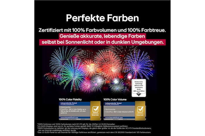 Ein Wohnzimmer mit einem an der Wand montierten LG OLED-Fernseher. Auf dem Fernseher ist eine Bergkette vor einem dunklen Abendhimmel voller Sterne zu sehen. Diese Szene ist in zwei Hälften geteilt. Die eine Seite zeigt eine trübe, graue Version der Landschaft mit der Bezeichnung Non Perfect Black Display. Auf der anderen Seite ist ein angenehmeres Bild mit einem größeren Dynamikbereich von Schwarz und Weiß zu sehen. Dies ist mit Perfect Black Display gekennzeichnet. Auch die Logo-Zertifizierung ist sichtbar: Perfect Black Technology liefert Schwarzwerte von 0,24 nit oder weniger bis zu 500 Lux.