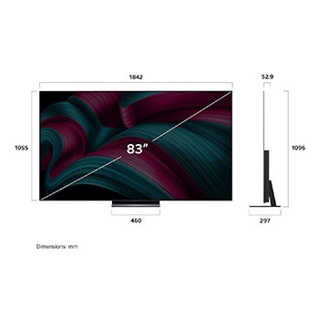 Frontansicht und Seitenansicht des LG OLED evo AI C5 4K Smart TV mit den Abmessungen der Länge, Breite, Höhe und Tiefe.