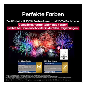 Ein Wohnzimmer mit einem an der Wand montierten LG OLED-Fernseher. Auf dem Fernseher ist eine Bergkette vor einem dunklen Abendhimmel voller Sterne zu sehen. Diese Szene ist in zwei Hälften geteilt. Die eine Seite zeigt eine trübe, graue Version der Landschaft mit der Bezeichnung Non Perfect Black Display. Auf der anderen Seite ist ein angenehmeres Bild mit einem größeren Dynamikbereich von Schwarz und Weiß zu sehen. Dies ist mit Perfect Black Display gekennzeichnet. Auch die Logo-Zertifizierung ist sichtbar: Perfect Black Technology liefert Schwarzwerte von 0,24 nit oder weniger bis zu 500 Lux.