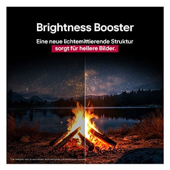 Ein schillerndes und farbenfrohes Feuerwerk ist auf einem Fernsehbildschirm zu sehen. Das Logo einer Zertifizierung ist sichtbar, die Perfect Color Technology liefert Farbkonsistenzwerte von mehr als 99 % bei bis zu 500 Lux. Intertek-Zertifizierungen, die unabhängige Tests belegen, sind ebenfalls sichtbar.